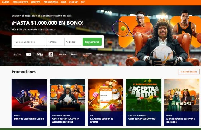 Portada del sitio colombiano de Betsson con banner de bienvenida, formulario de registro y una franja de promociones.