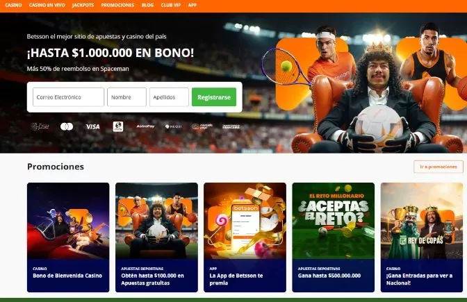 Portada del sitio colombiano con un banner de bono de bienvenida y un formulario de registro debajo.