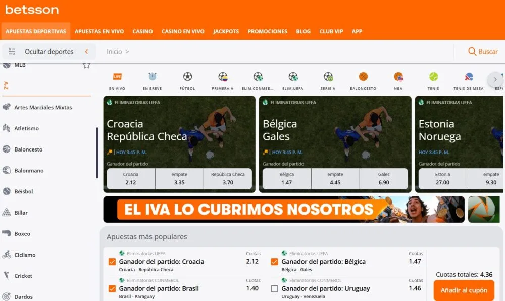 Sección deportiva del sitio colombiano con su menú lateral de disciplinas.